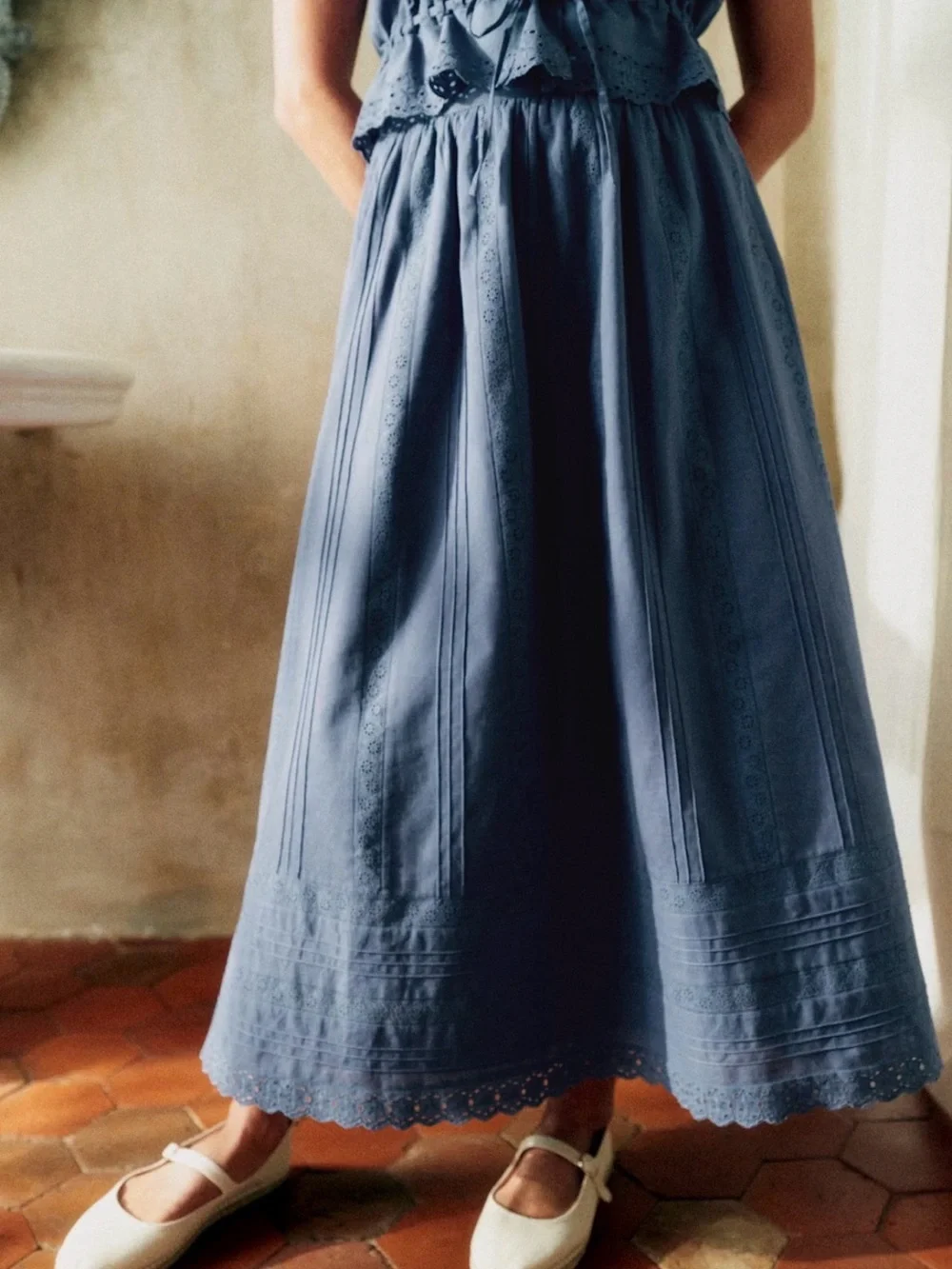 Sezane Duda Eyelet Maxi Skirt in Mineral Blue - Picture 1 of 3